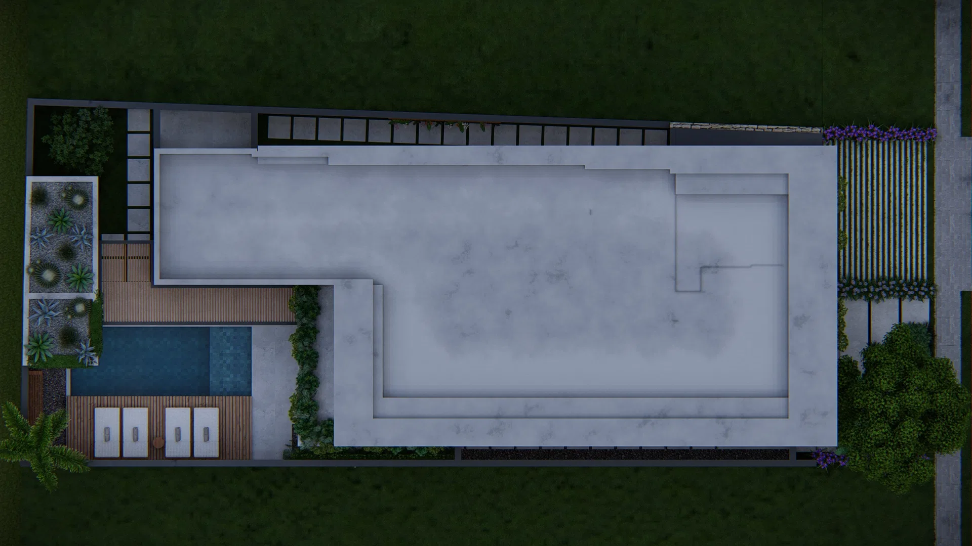 Night aerial view of the property with a large white slab, a decked pool and changing cabins, planting beds along the walls and lawn