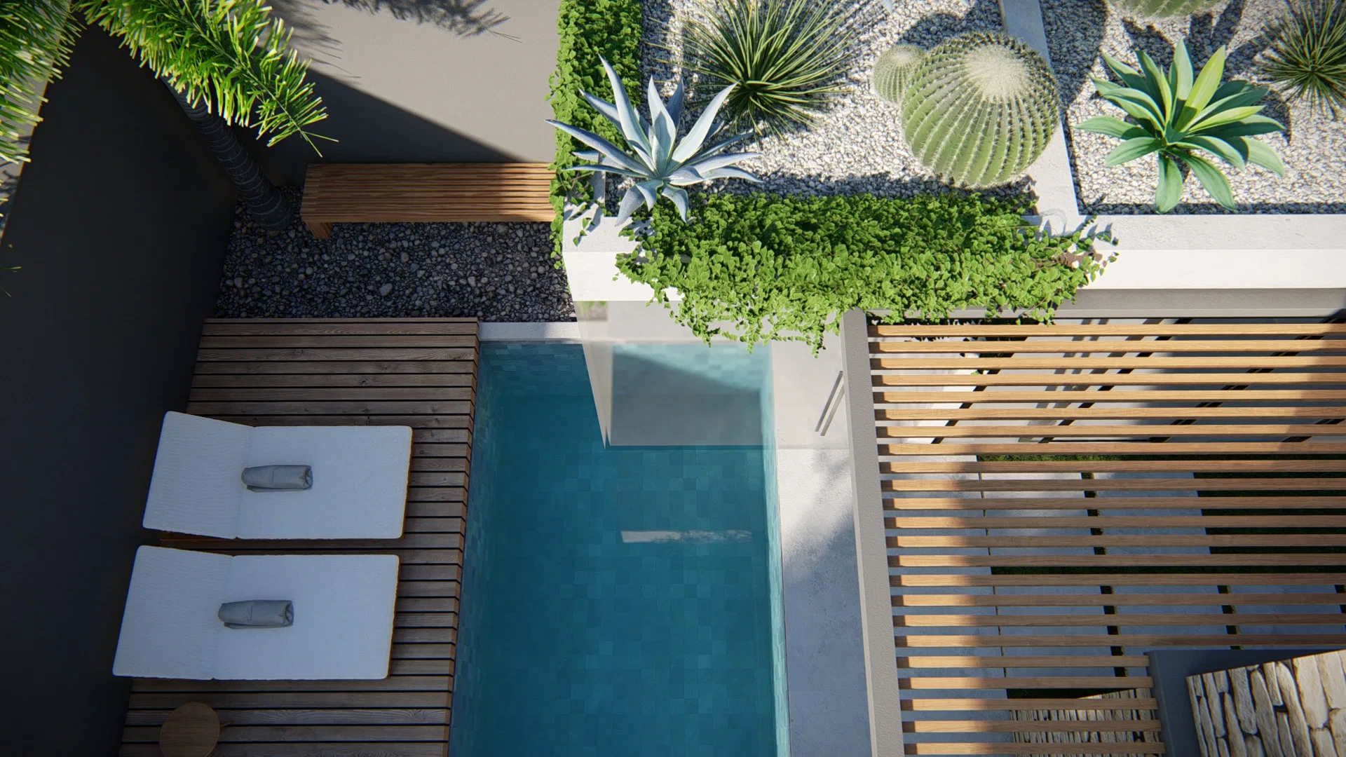 Top-down view of the pool with a wooden deck, loungers, a slatted pergola and a gravel bed with agaves and barrel cacti