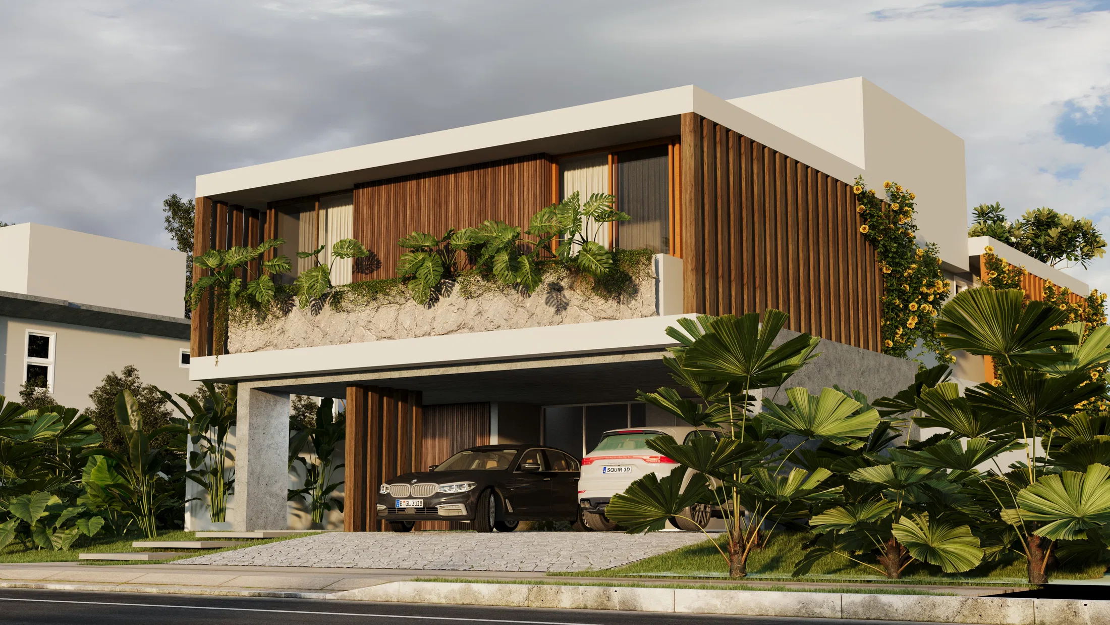 Two-story residence with an upper volume in wood slats cantilevered over the garage, parked cars and flowering vines on the facade