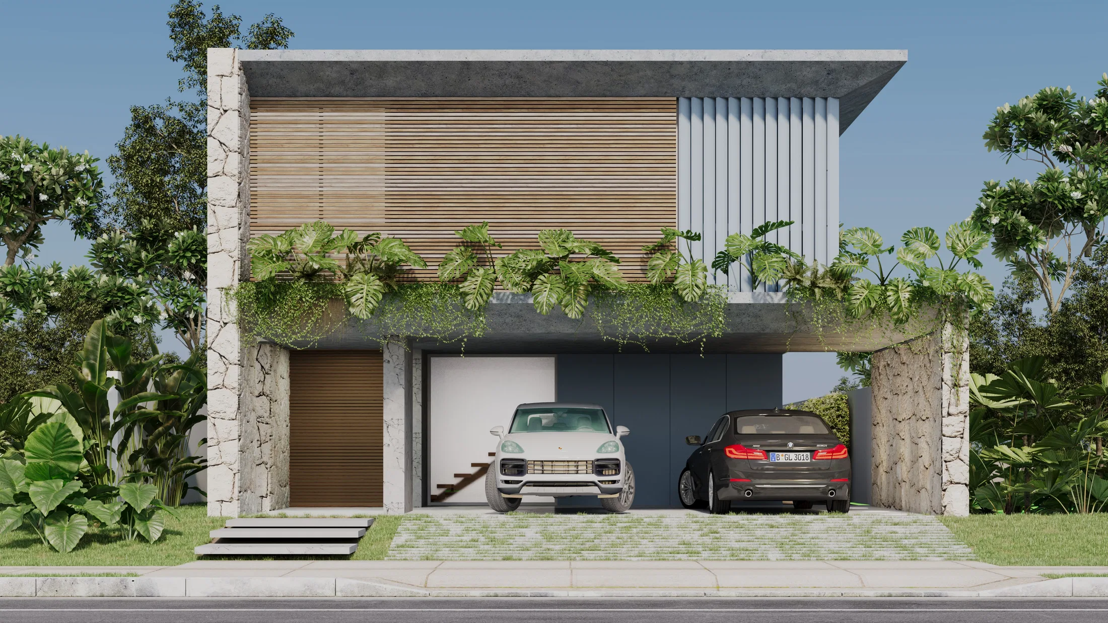 Front view of the facade with irregular stone pilasters, a wood-slat panel and a white garage door with cars parked outside