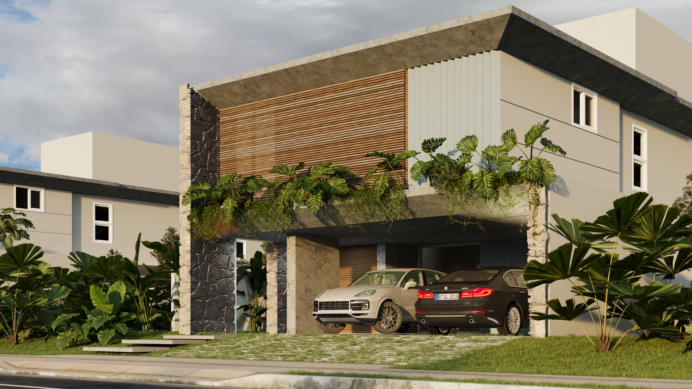 Angled view of the stone-and-wood facade, with vines hanging over the covered carport and parked cars