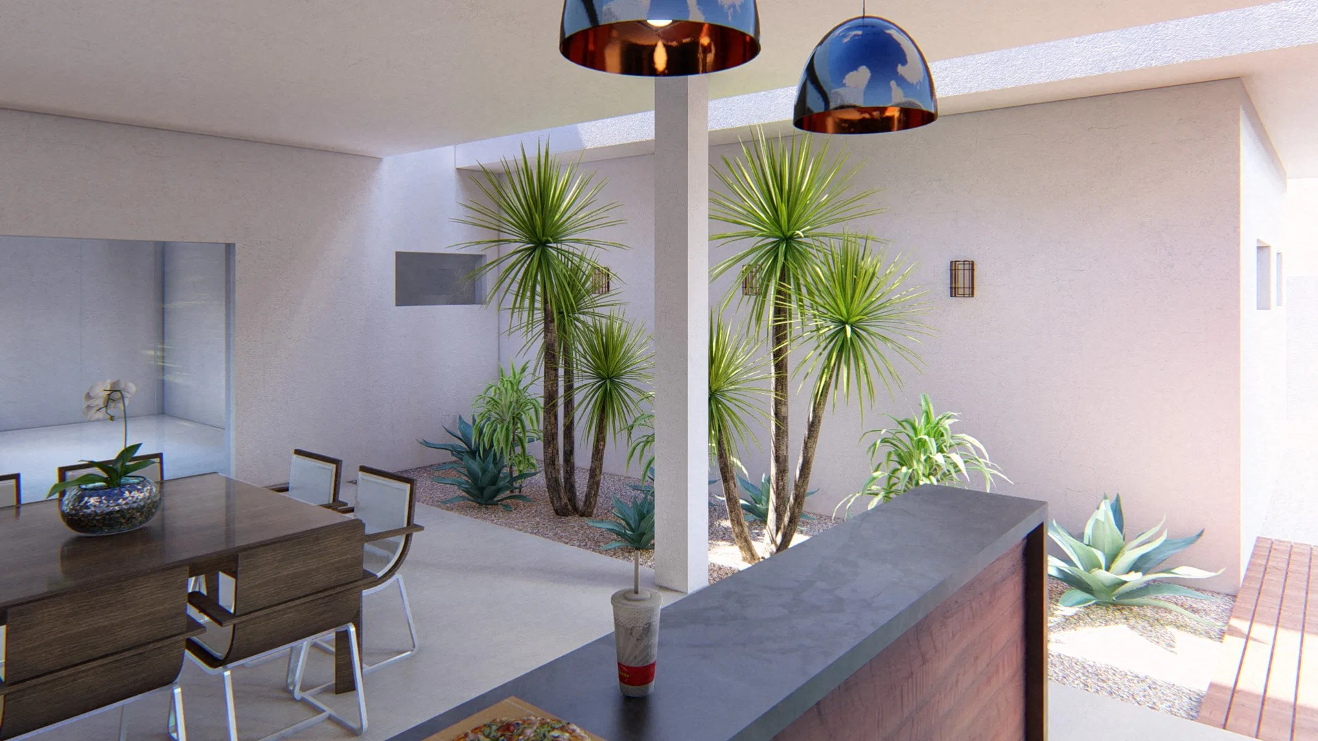 Dining room with copper and blue pendants and a stone counter facing the gravel garden, where dracaenas and agaves grow in daylight