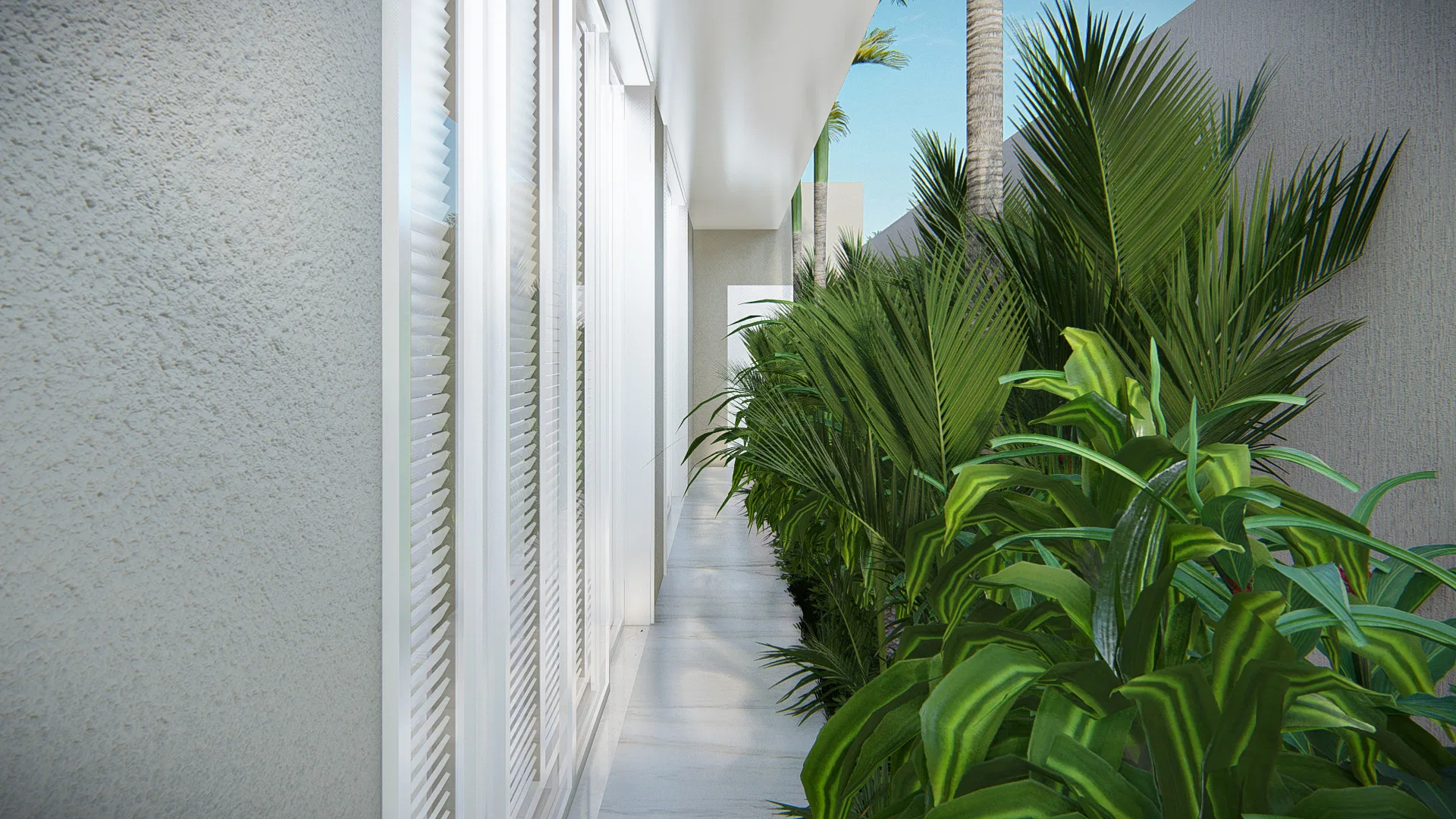 Narrow side corridor with white louvered windows and a dense strip of tropical foliage along the textured wall