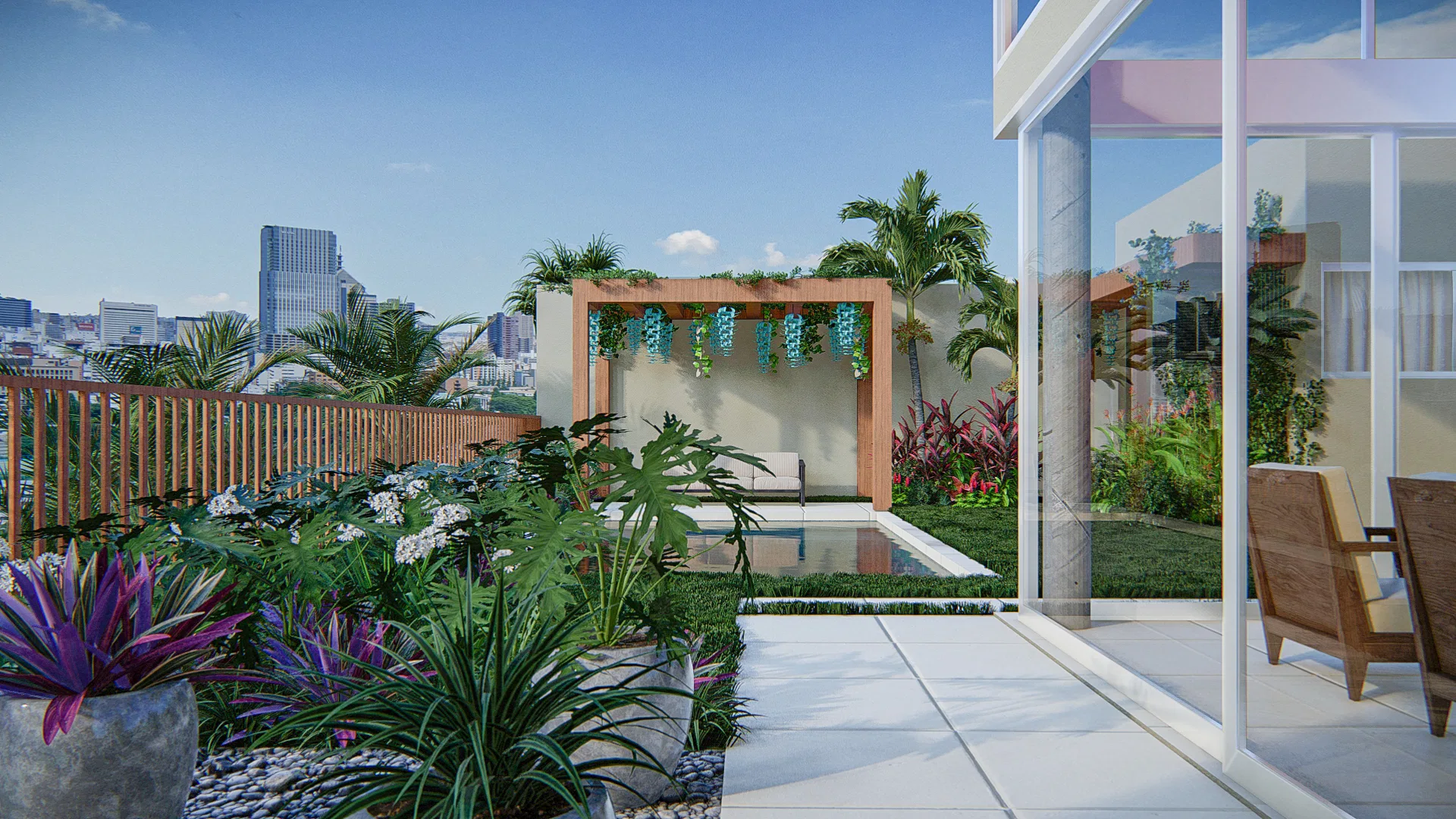 Rooftop terrace with a pool framed by a pergola with hanging plants, a seating area and flowering pots, overlooking the city buildings