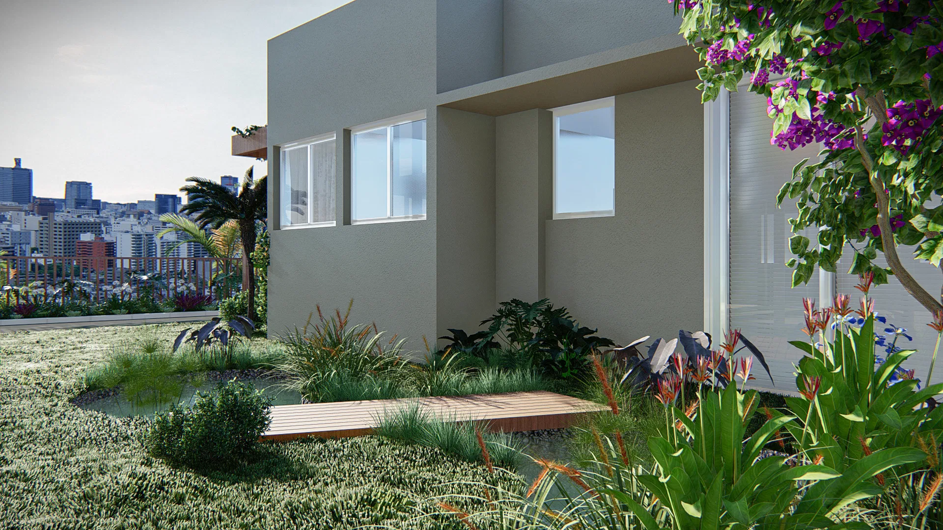 Rooftop garden with a wood deck, ornamental grasses and boulders, set against the city skyline