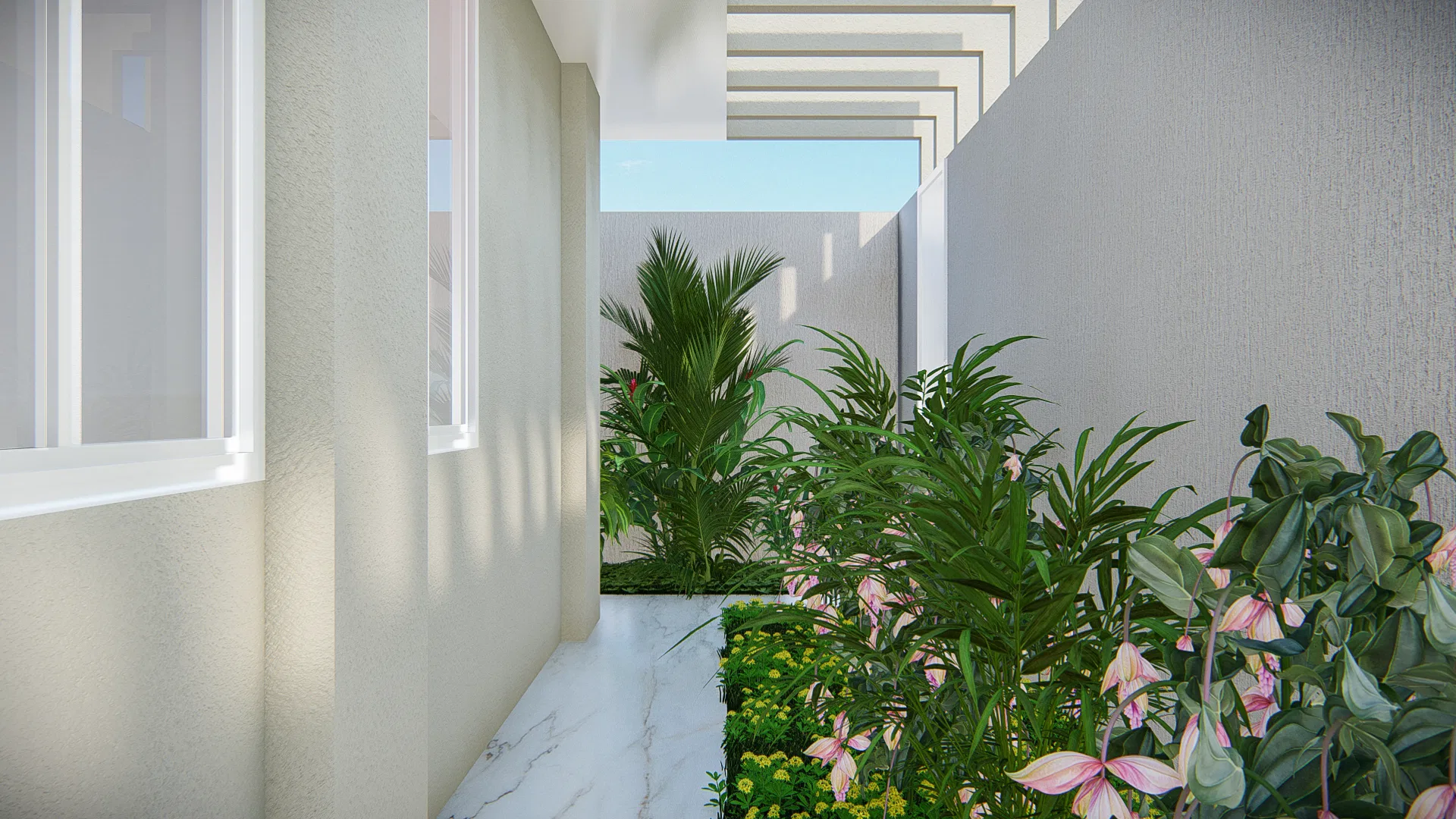 Pergola-covered corridor with a marble floor, ferns, palms and flowers set among low planting beds