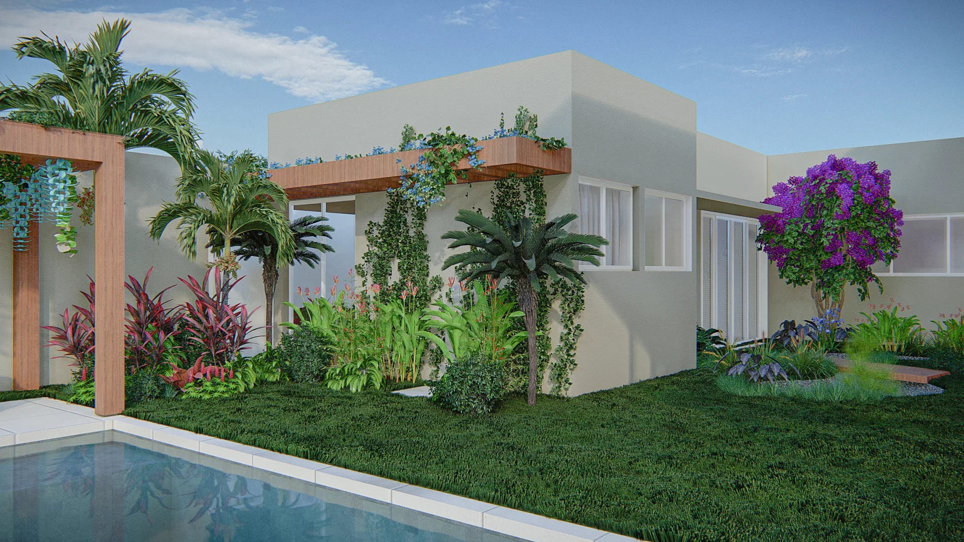 Pool courtyard beside the house, with a wooden pergola covered in climbing plants, a purple-flowering shrub and a bed of tropical foliage along the wall