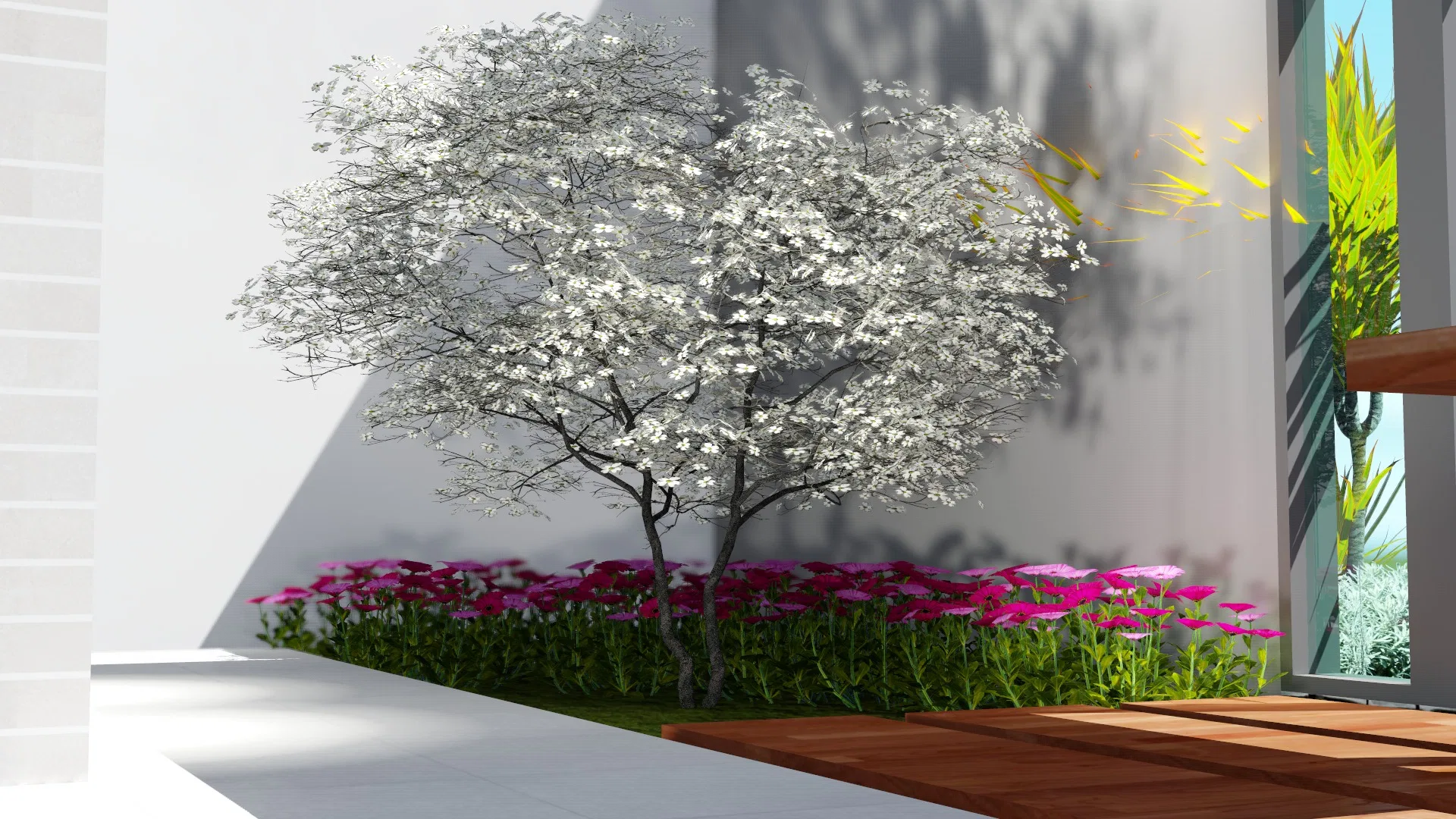White-flowering tree shading a bed of pink and magenta flowers next to a wooden access deck