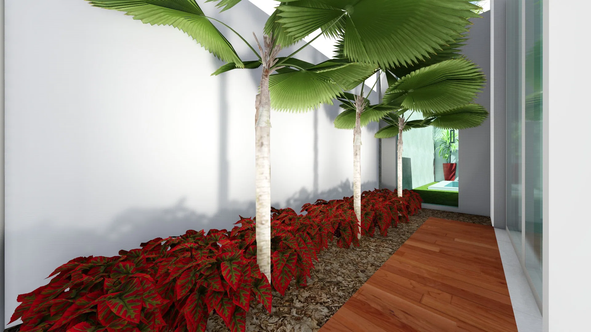 Garden nook with fan palms and red-and-green coleus lining a wooden deck path