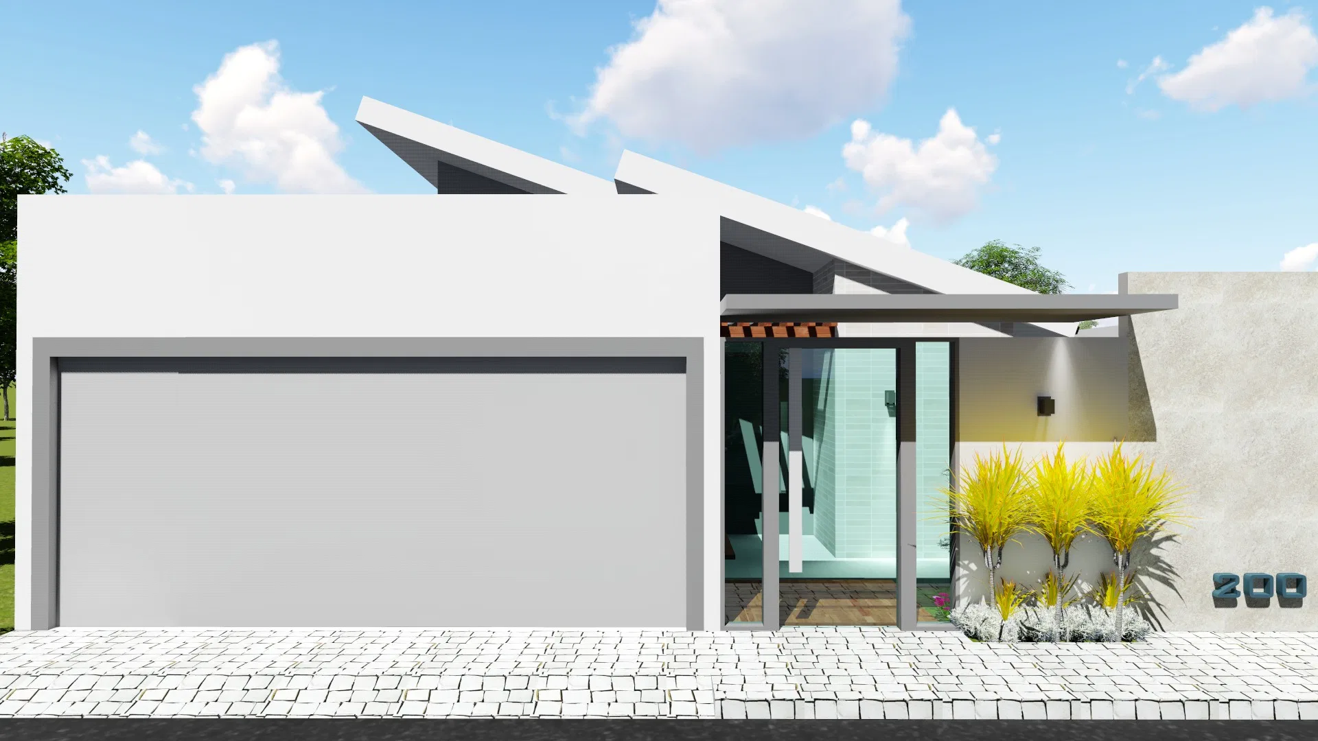 Minimalist white facade with an integrated garage door, a yellow-flowering shrub and a wooden canopy over the glass entrance