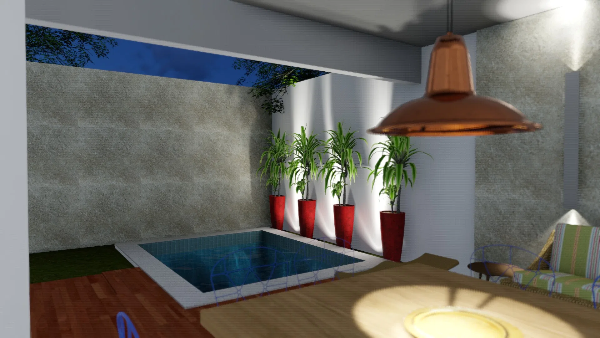 Outdoor tub set into an exposed-concrete niche, flanked by red pots with dracaena and a copper pendant lamp