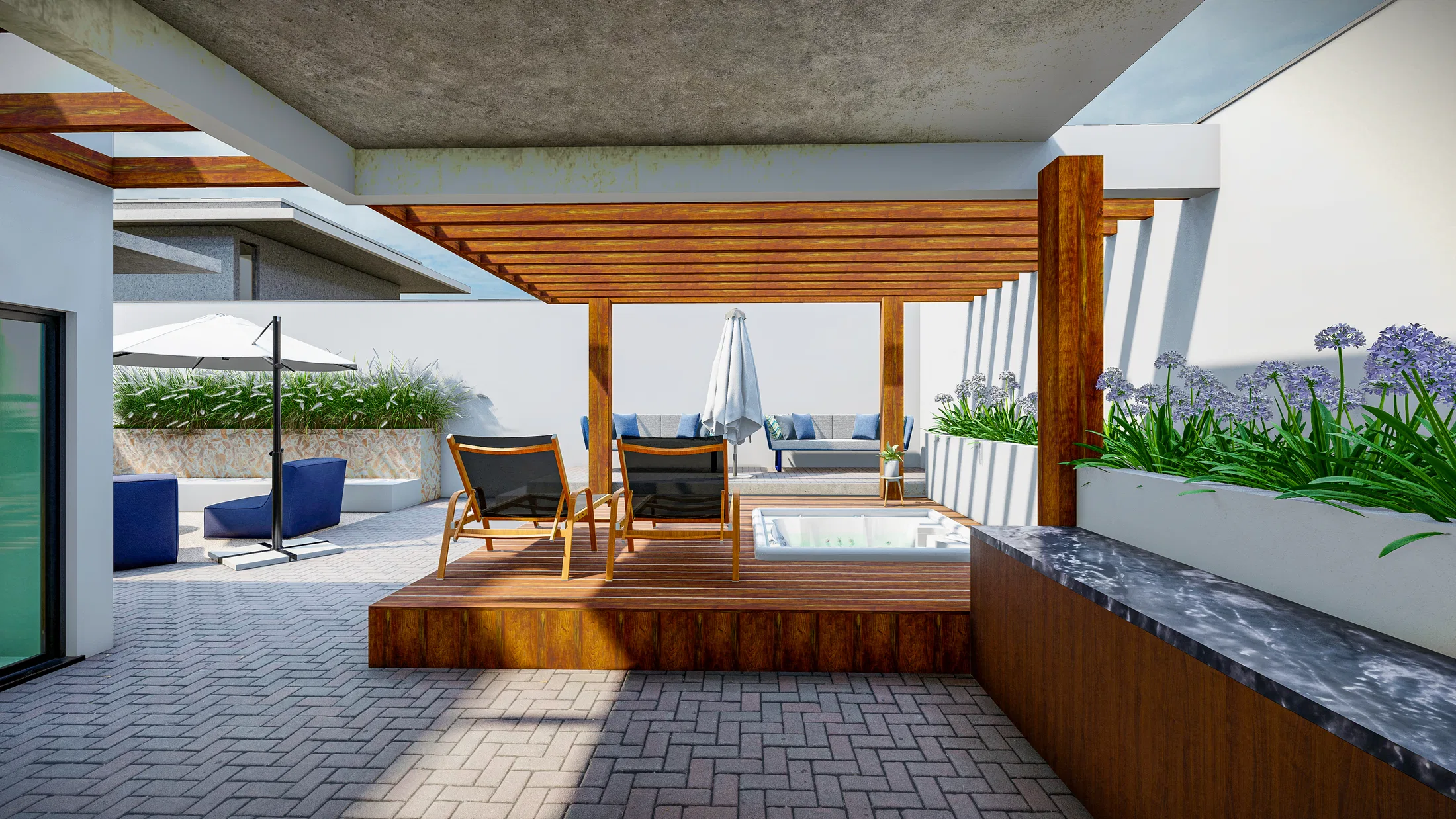 Wood deck under a pergola with a built-in hot tub, lounge chairs and agapanthus planters alongside