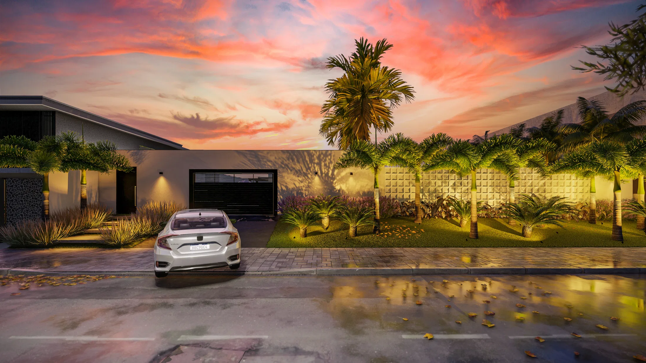 Residential facade at dusk with a pink-toned sky, a row of palm trees along the wall and a car at the entrance