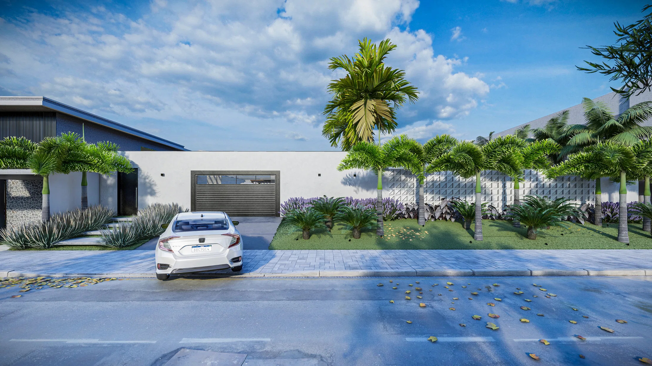 Same facade in daylight, with a perforated wall, a row of palm trees and a car parked in the covered garage