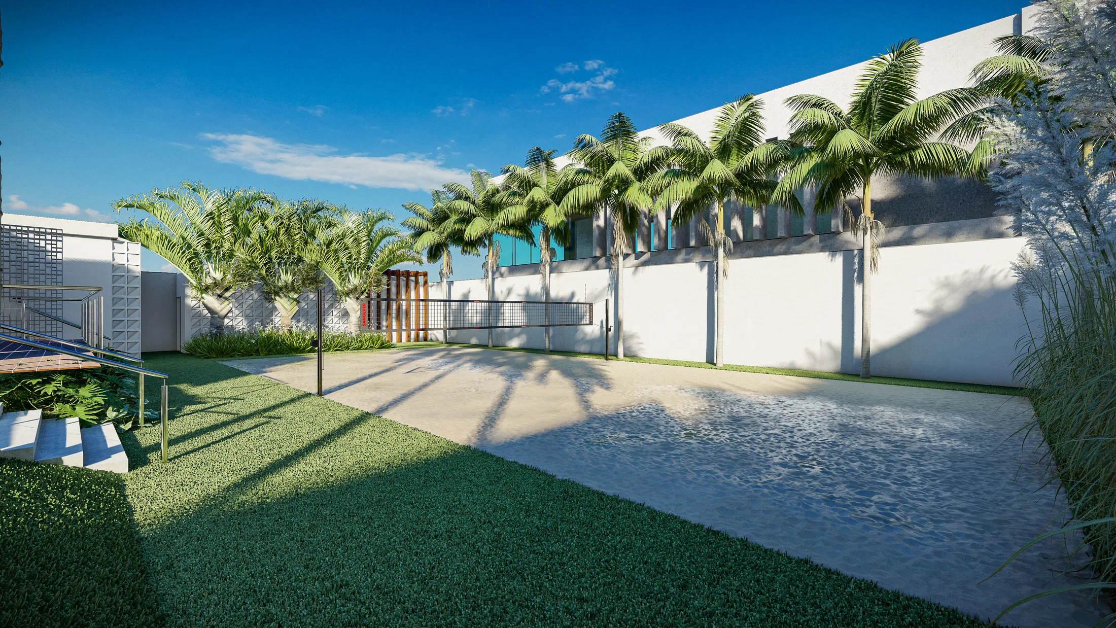 Sand volleyball court framed by synthetic turf and palm trees along the backyard wall