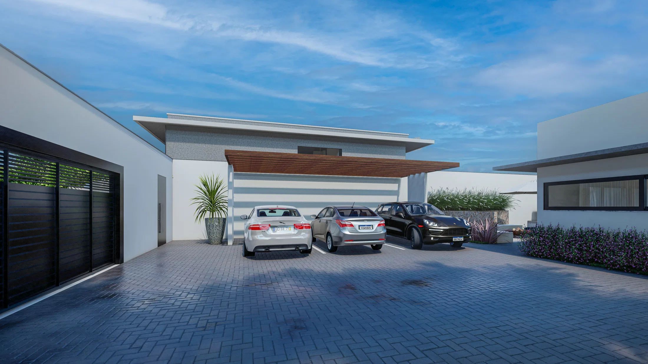 Carport covered by a wood pergola sheltering three cars side by side on interlocking pavers