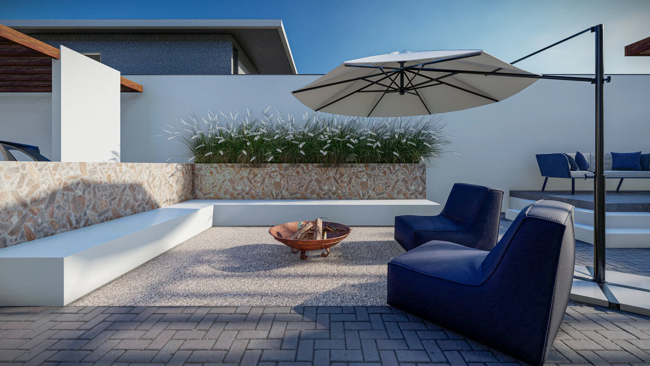 Covered rooftop terrace with a built-in bench, an ornamental planter, a fire bowl and blue armchairs under a parasol
