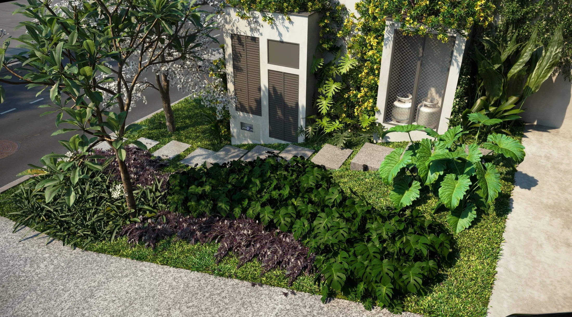 Detalhe da composição paisagística com folhagens e arbustos ao redor da área da piscina, destacando a vegetação integrada ao projeto. — GRON 3D
