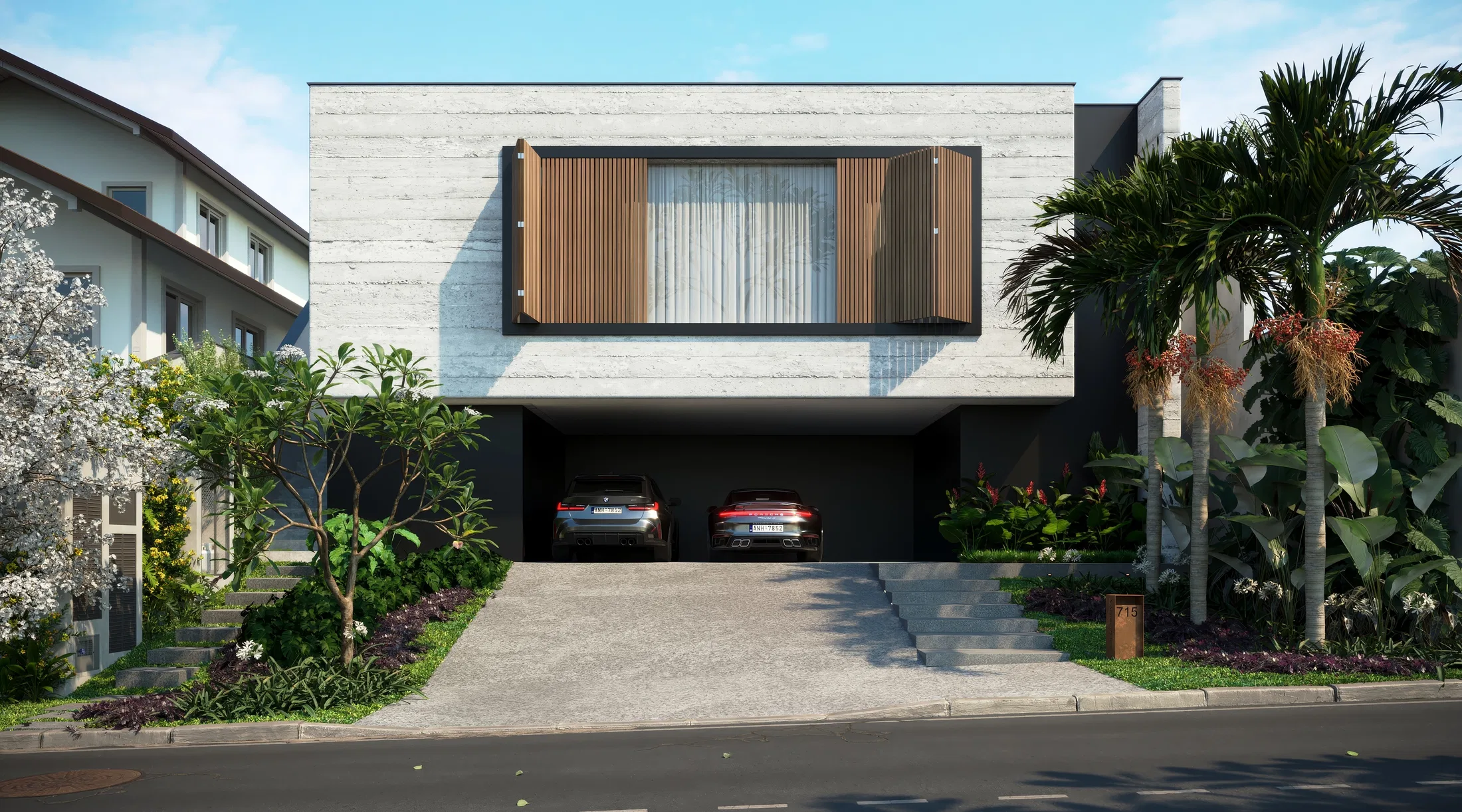 3D render of a modern residential main facade with an outdoor swimming pool and wooden deck, under sunlight. — GRON 3D
