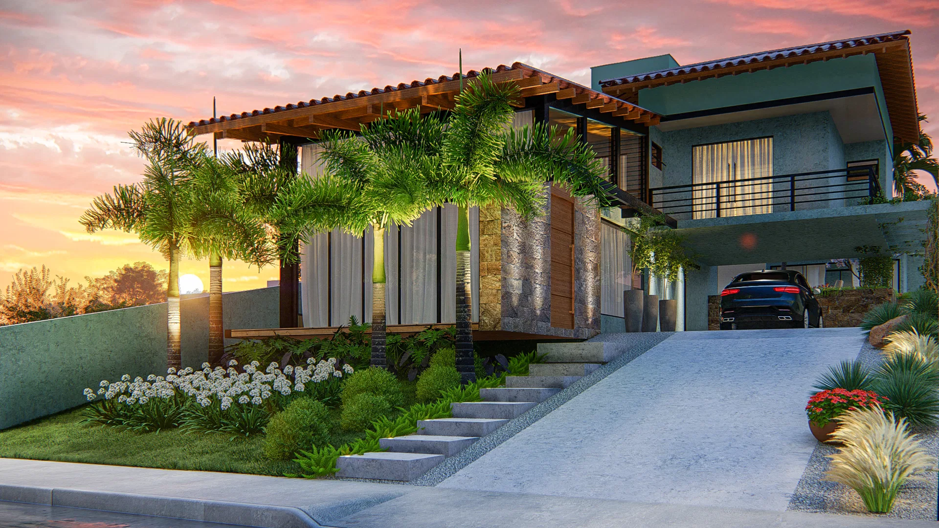 Facade with a wood-slat covered carport, a standout palm tree, pink pampas grass at the entrance and a vehicle parked under the pergola