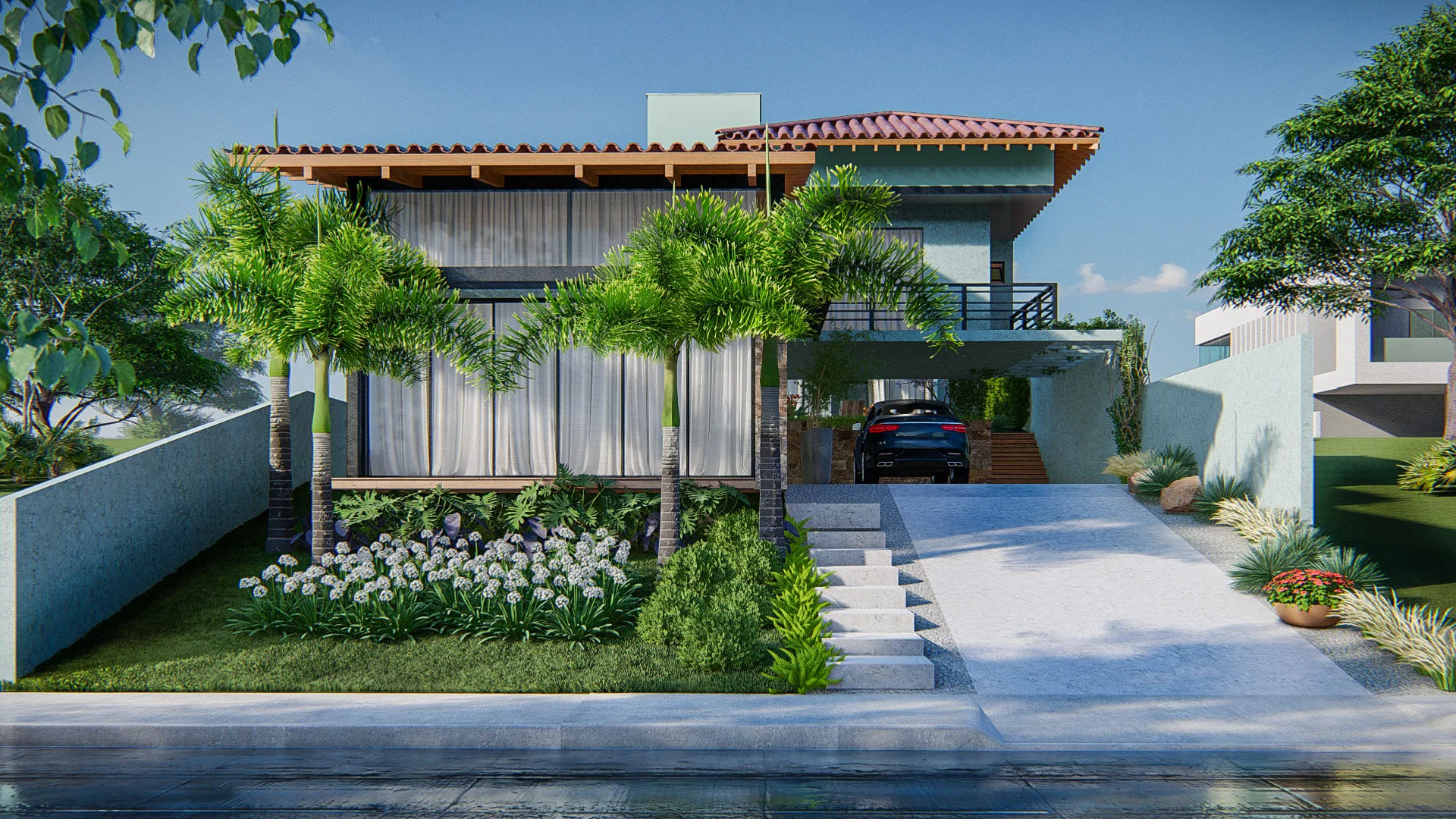 Closer view of the facade with a palm tree, yuccas and pink pampas grass beside the glass entrance door, with a car partly visible