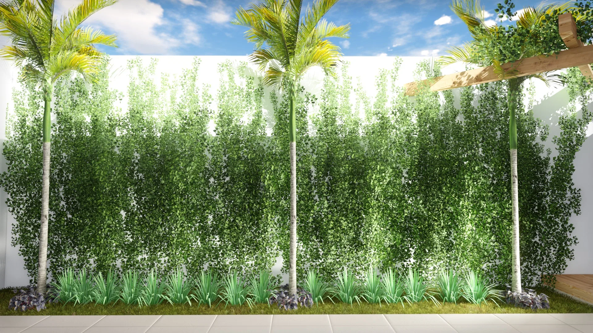 A curtain of hanging foliage clothes the white wall, three palms aligned in front and grassy ground cover at the base under a blue sky.