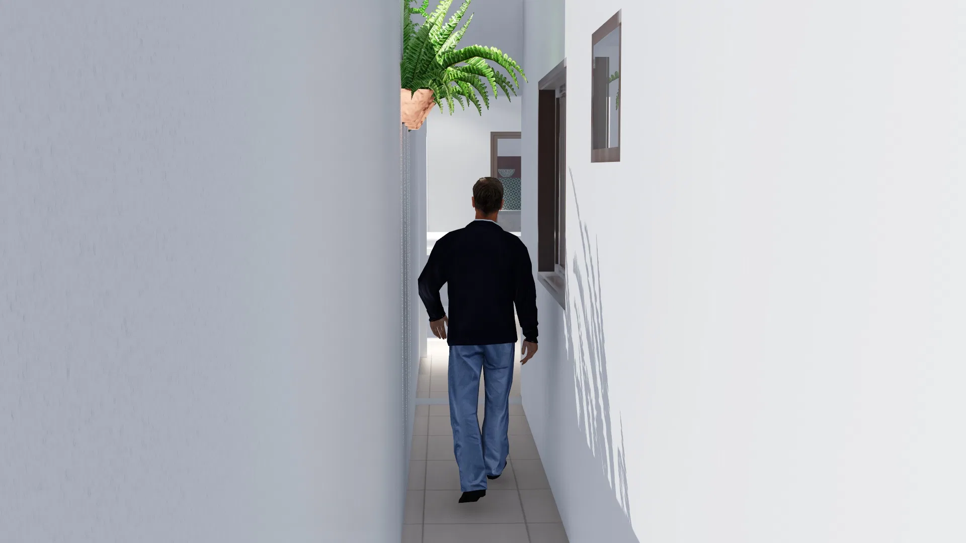 Narrow passage with a hanging fern and a figure walking away, lending scale to the route between the white walls.