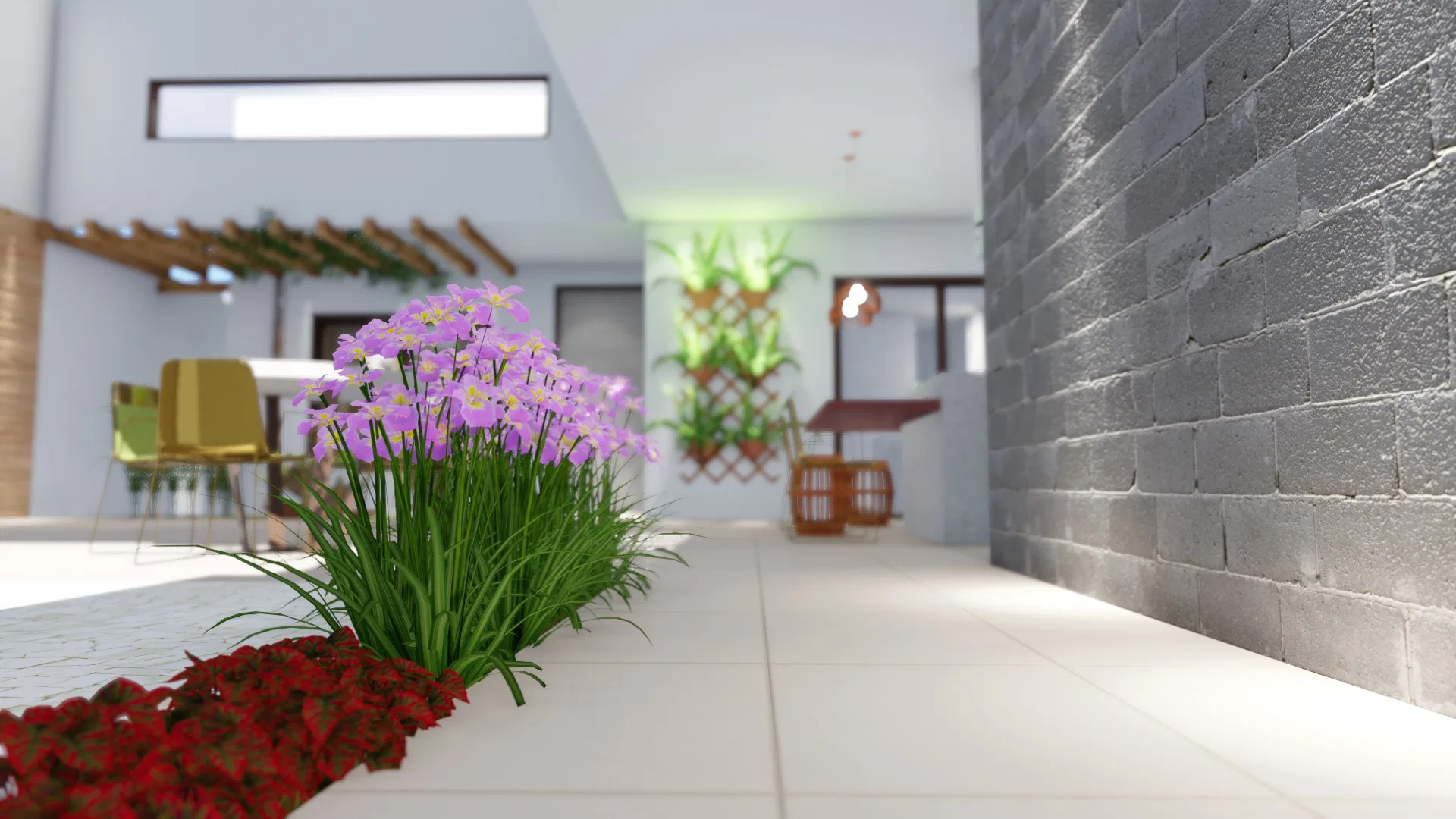 A low bed along the white floor gathers lilac and red flowers, the grey exposed-block wall at right and the dining area blurred behind.
