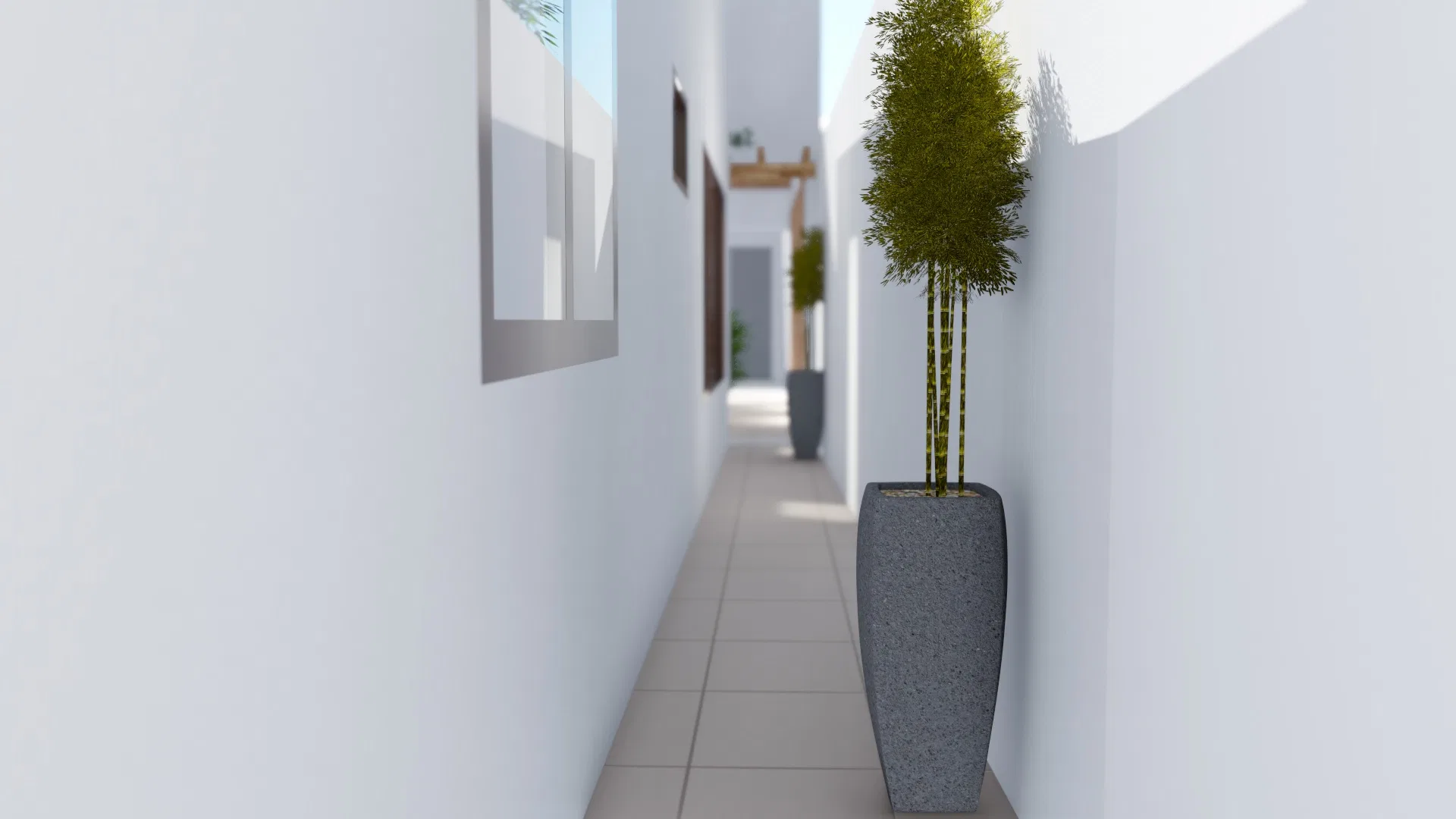 Narrow side corridor with white walls and a tiled floor, a tall grey planter of foliage, framed art and more pots receding behind.
