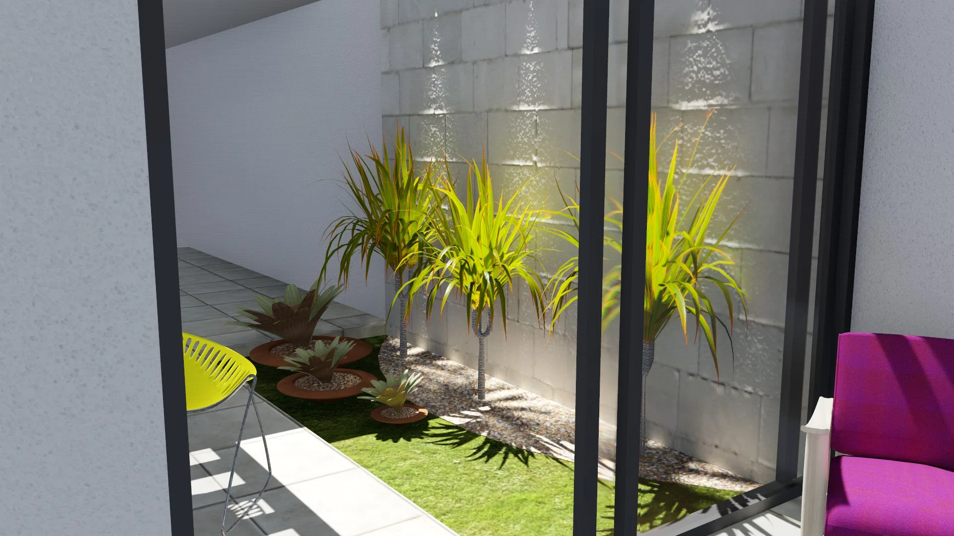 Winter garden with a water wall over exposed block, sunlit dracaenas and agaves and yellow and magenta armchairs