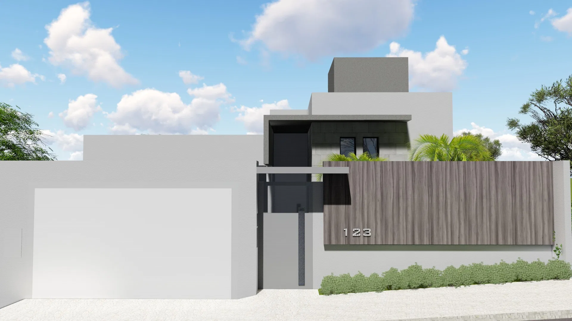 Single-story facade in grey cementitious render, with a slatted wood gate, a raised planter box and a small palm