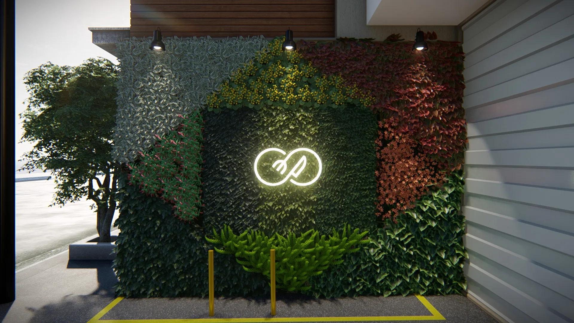 Living wall at night with an illuminated neon logo at the center, foliage in green, silver and reddish tones and yellow markings on the floor.