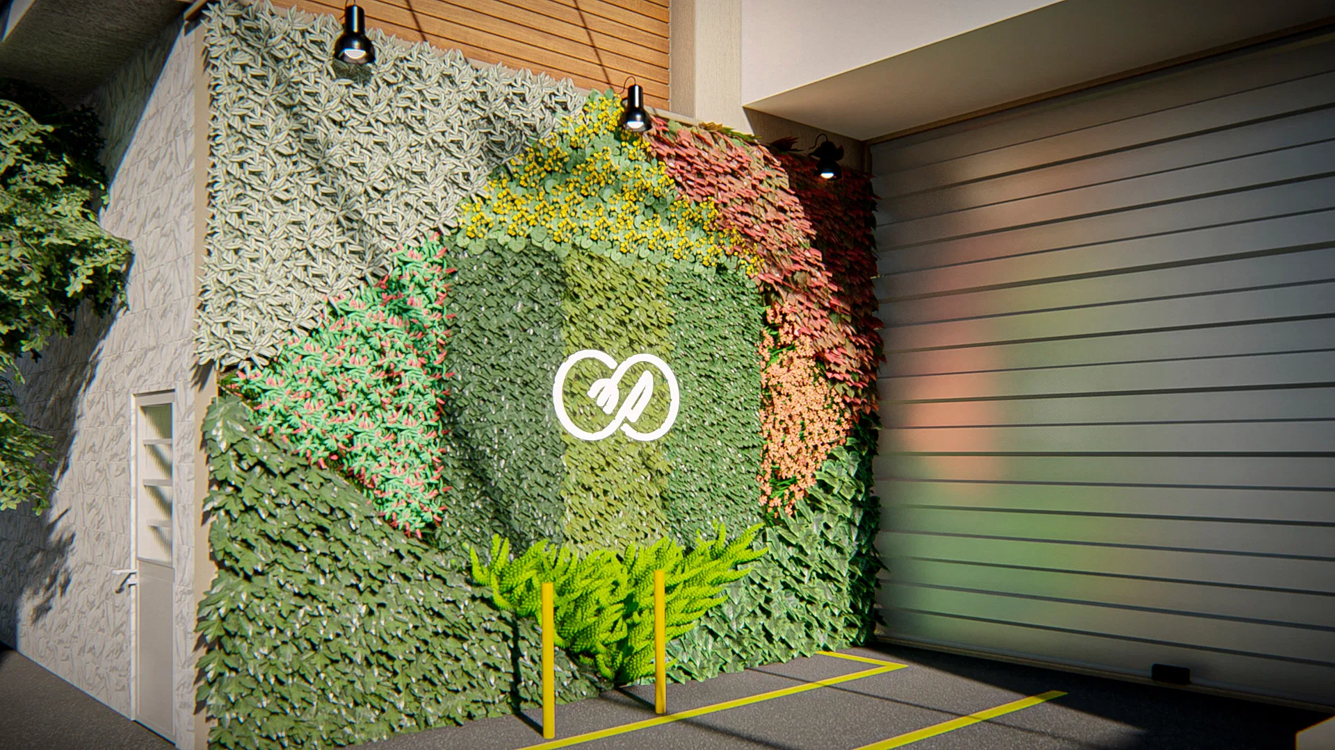 Vertical garden framing the garage in daylight, with a circular arrangement of variegated and reddish foliage and a white logo at the center.