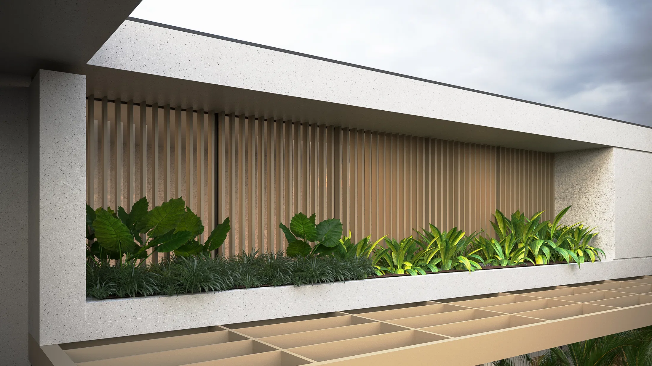 Facade niche detail with vertical wooden battens and a planter of broad leaves and bromeliads set in a pale stone frame