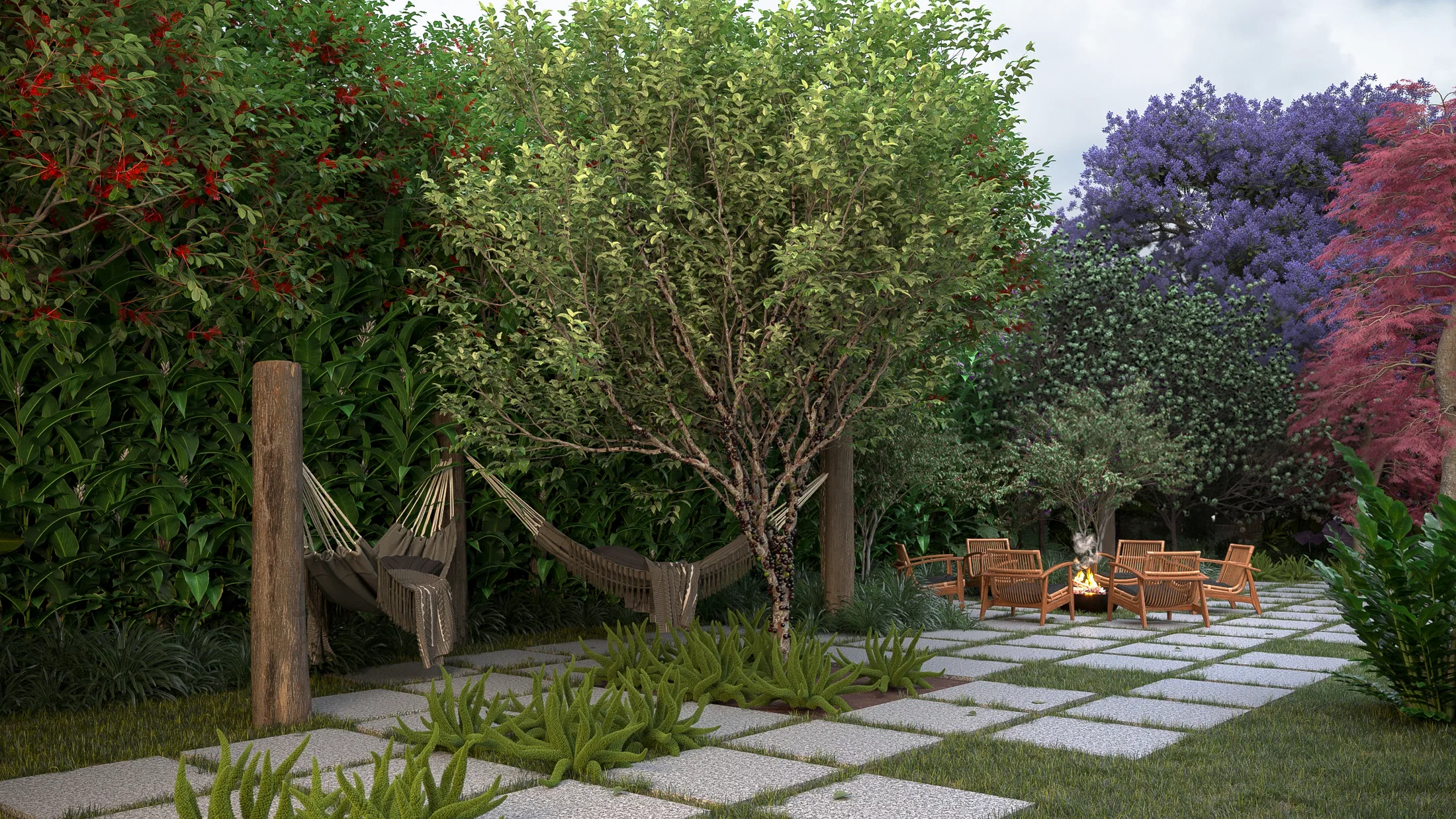 Woven hammocks slung between timber posts beneath a leafy tree, concrete-slab paving with grass joints and lounge chairs beside a fire pit