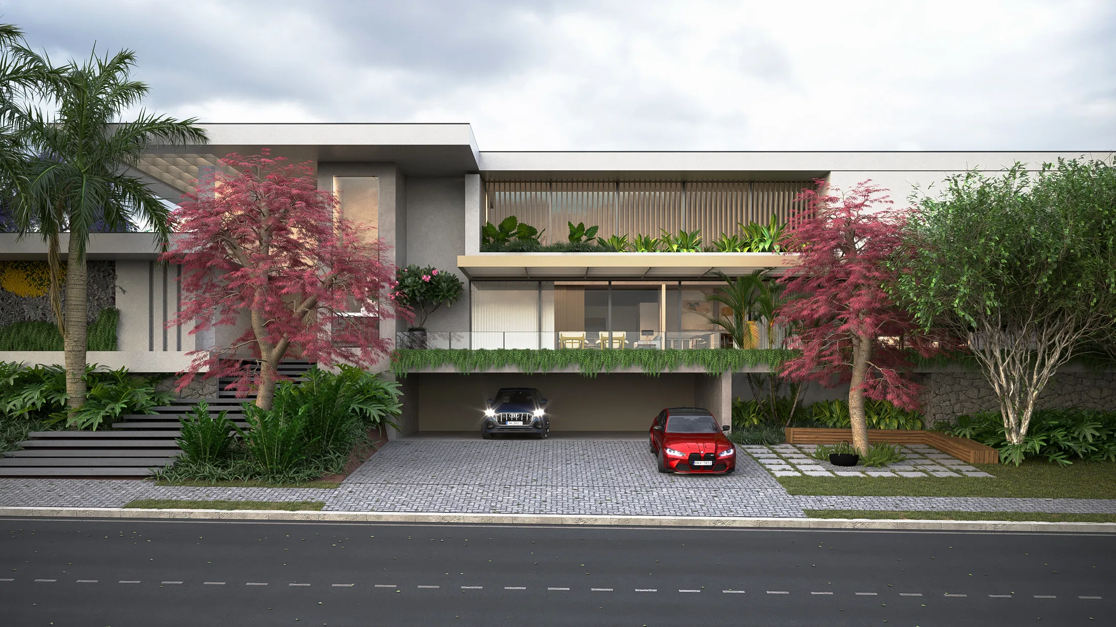 Two-storey front facade with a wooden brise-soleil and a covered garage sheltering an SUV and a red sports car between pink-flowering trees