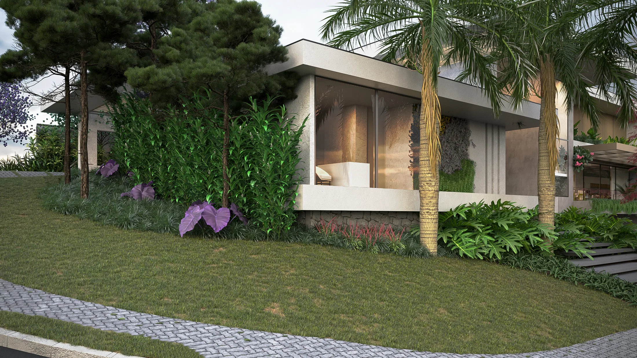 House flank with a glazed room facing the garden, a grassy slope, pines, purple-leaf plants and a curving cobbled path