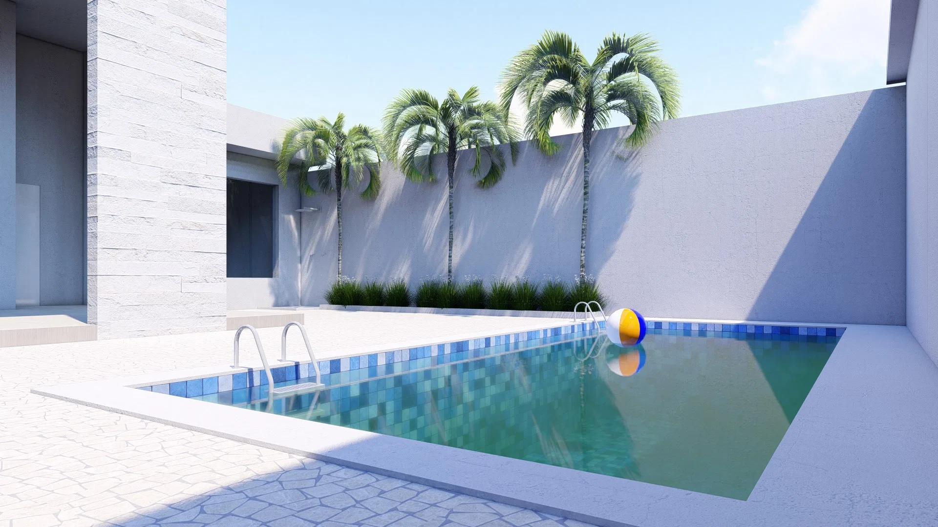 Rectangular pool tiled in blue mosaic with a colourful ball afloat, palms aligned along the white wall and an outdoor shower beside.