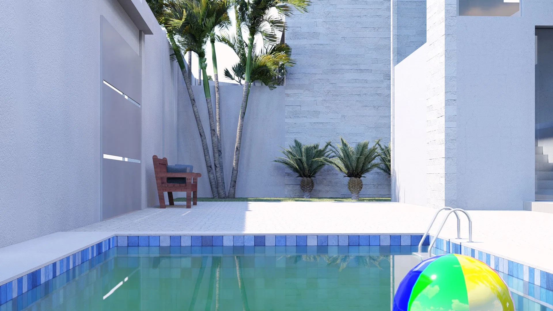 Another angle of the blue-tiled pool, with clustered-trunk palms, two sago palms, a wooden bench and white walls.