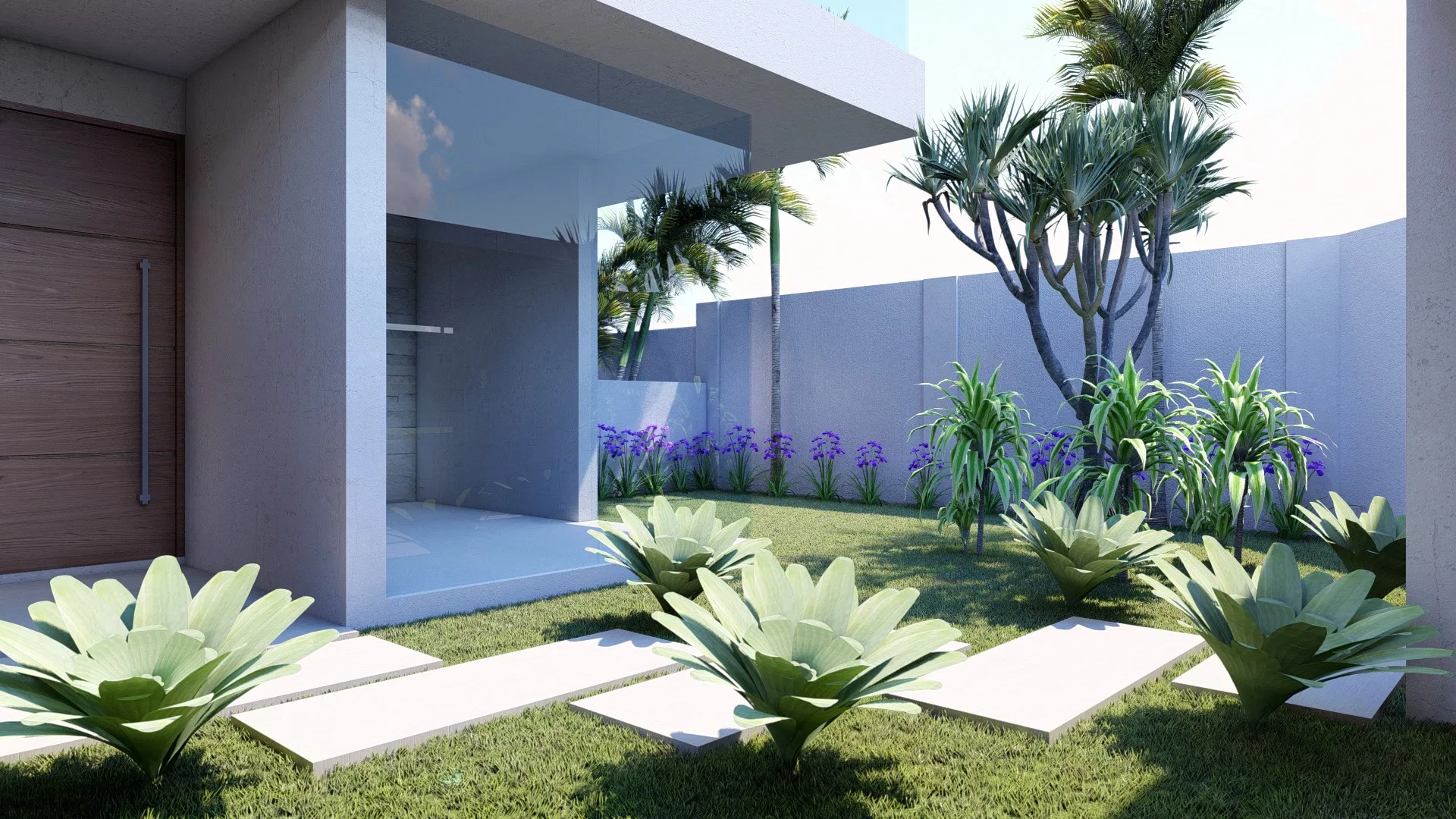 Side lawn with a stepping-stone path among silvery rosette plants, purple flowers along the wall and a sculptural tree behind.