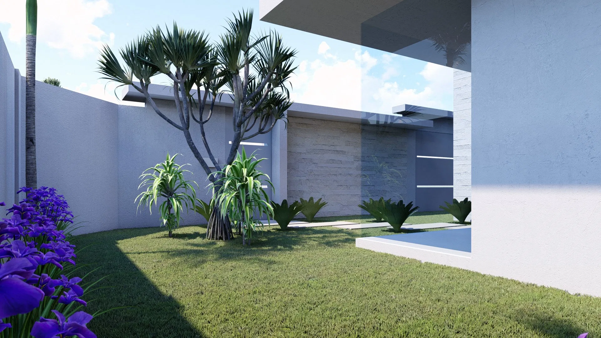 Lawn nook with a sculptural-crowned tree and agaves, purple irises in the foreground and a glimpse of the pool beside the home's glazing.