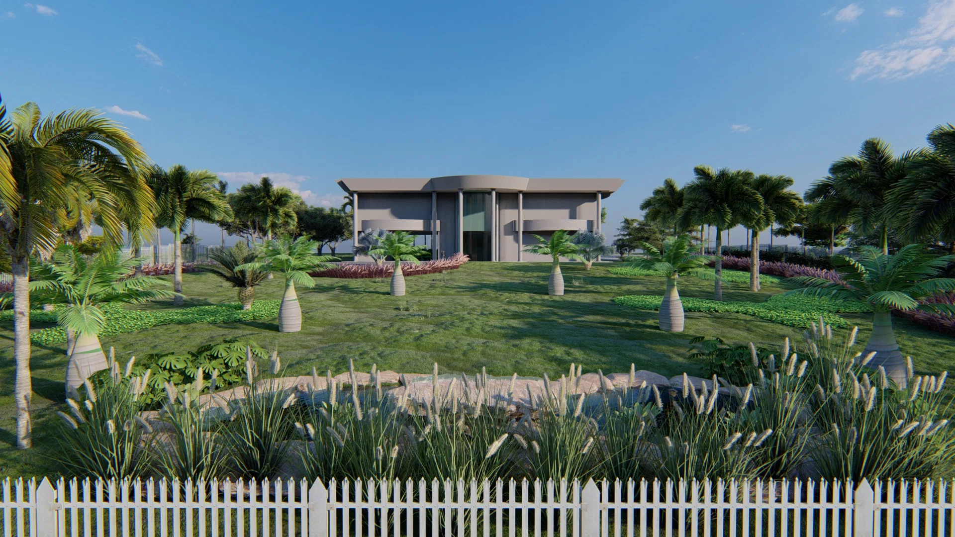 Large contemporary house seen across a broad lawn with bottle palms, flowering beds and a white picket fence in the foreground.