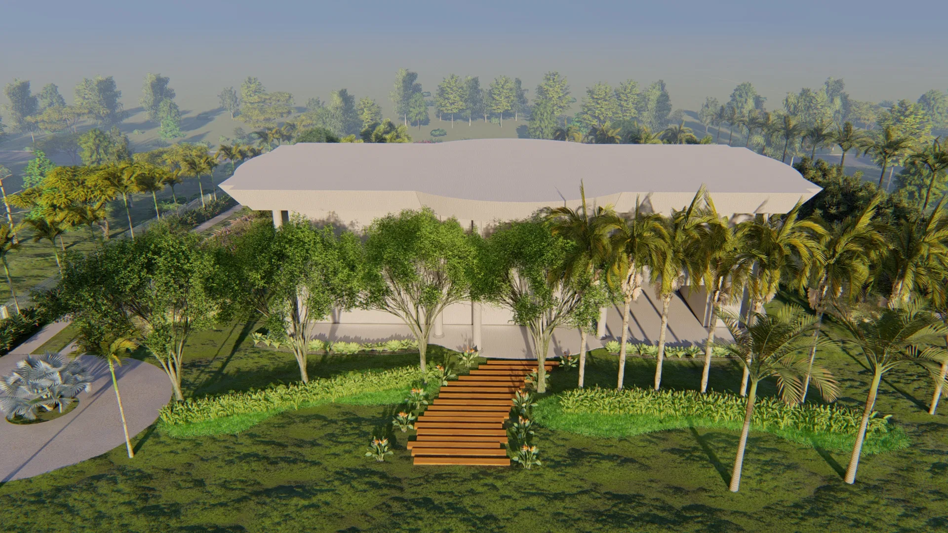 Elevated view of the white curved-roof pavilion among trees, with a wooden walkway rising through the lawn to the entrance, flanked by palms.