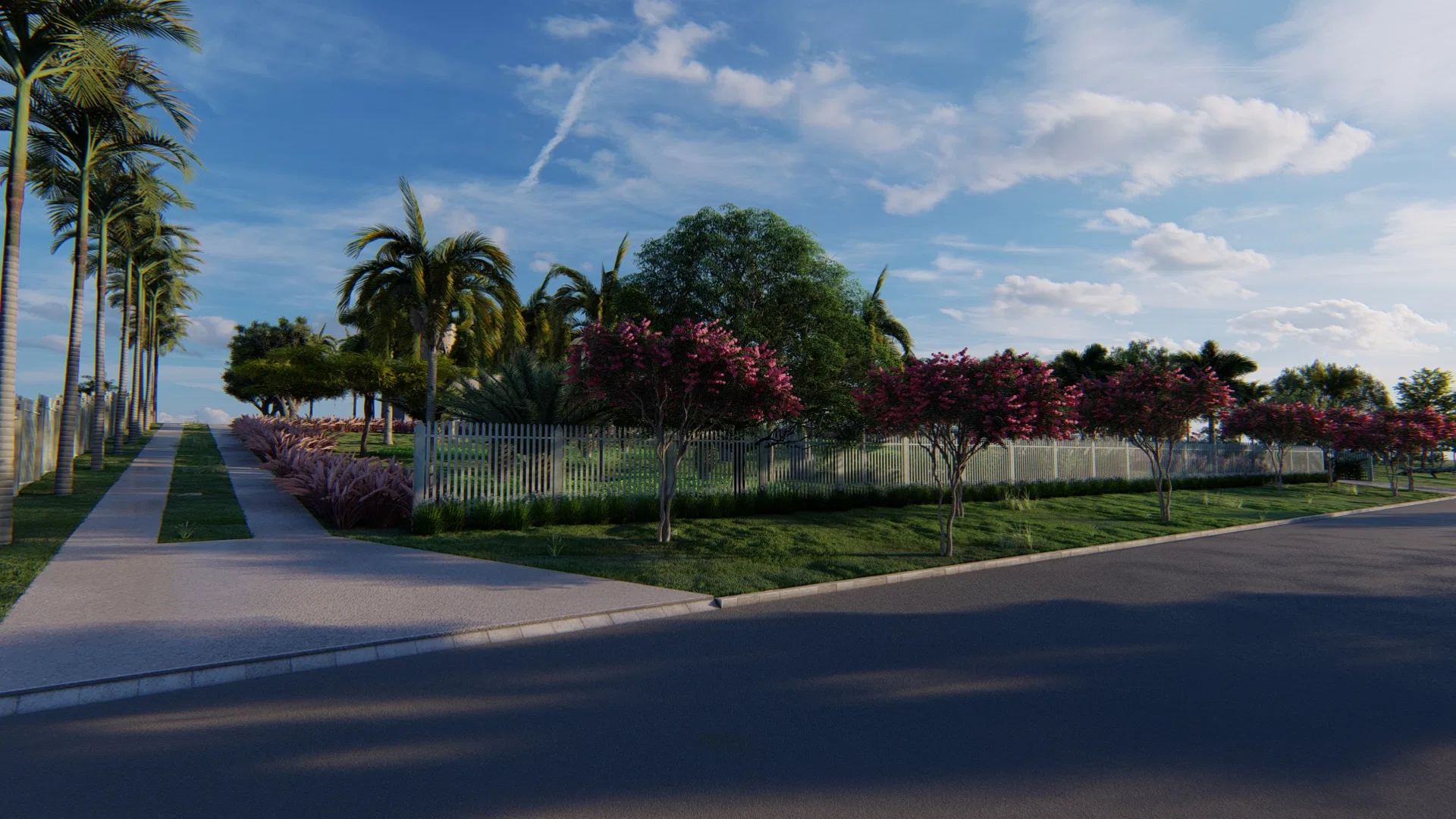 Property boundary with an avenue of royal palms along the sidewalk, a white picket fence and magenta-flowering trees over lawn.