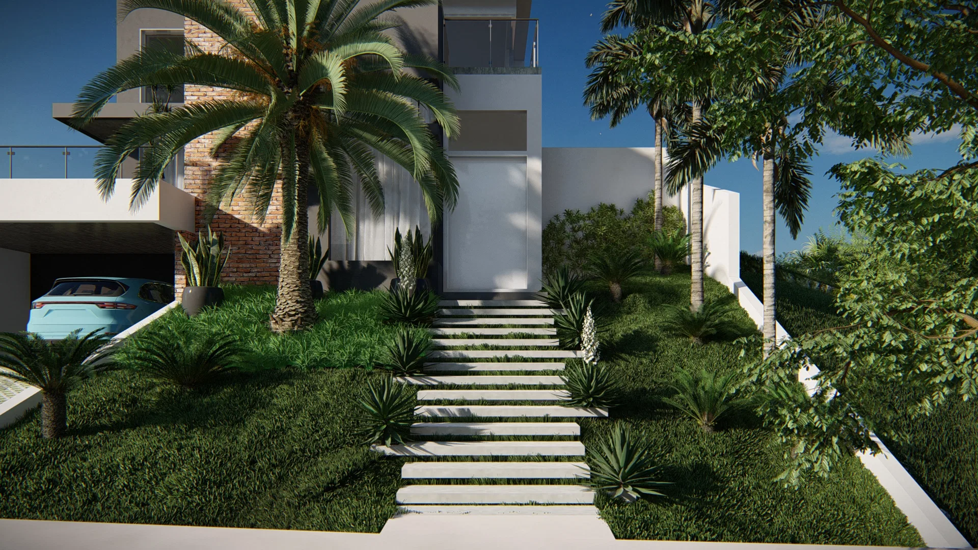 Architectural visualization of Stone-Clad Residence with Sloped Stairway, Agapanthus and Spherical Planters — GRON 3D
