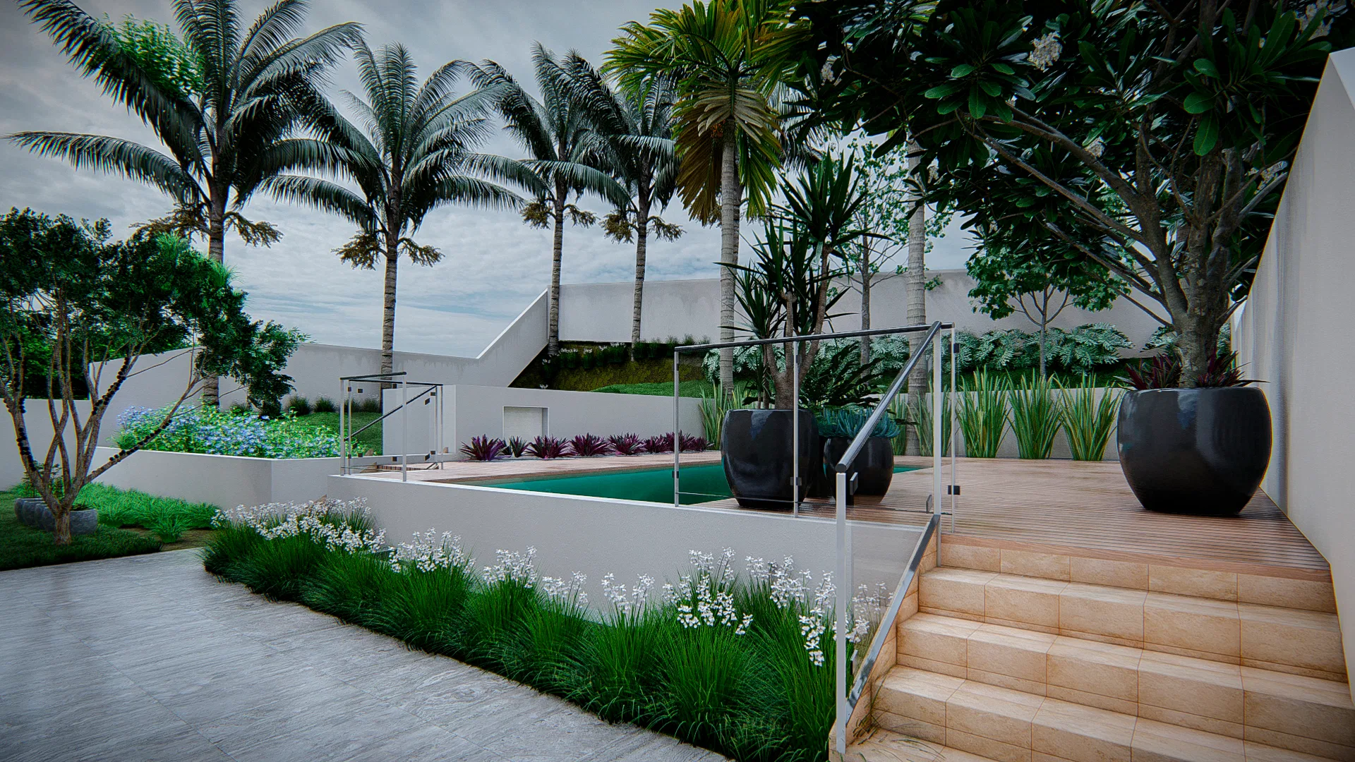 Architectural visualization of Stone-Clad Residence with Sloped Stairway, Agapanthus and Spherical Planters — GRON 3D