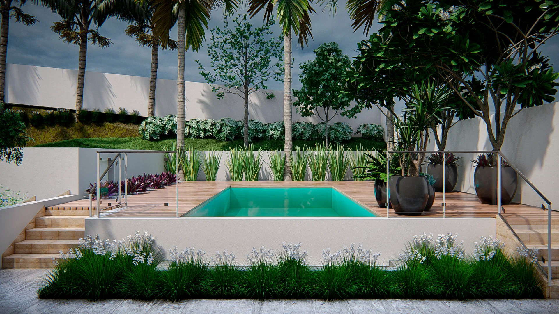 Architectural visualization of Stone-Clad Residence with Sloped Stairway, Agapanthus and Spherical Planters — GRON 3D
