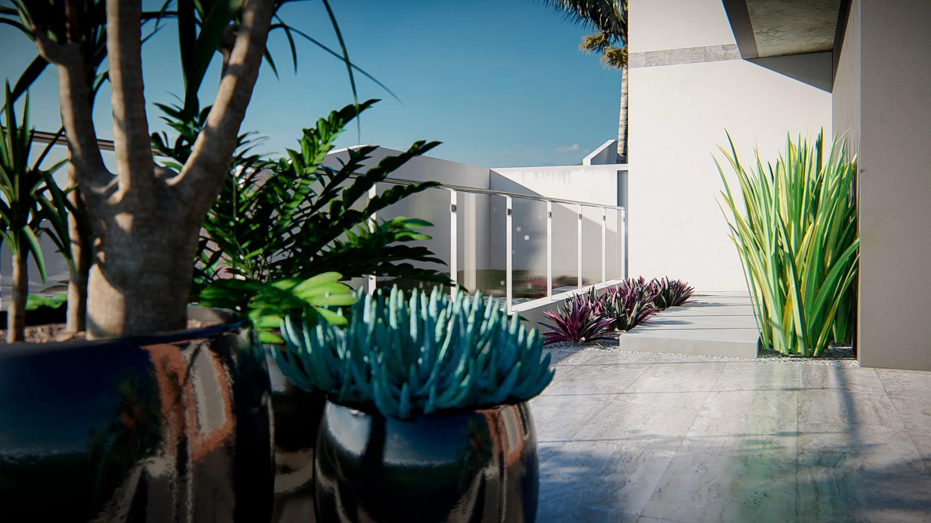 Architectural visualization of Stone-Clad Residence with Sloped Stairway, Agapanthus and Spherical Planters — GRON 3D