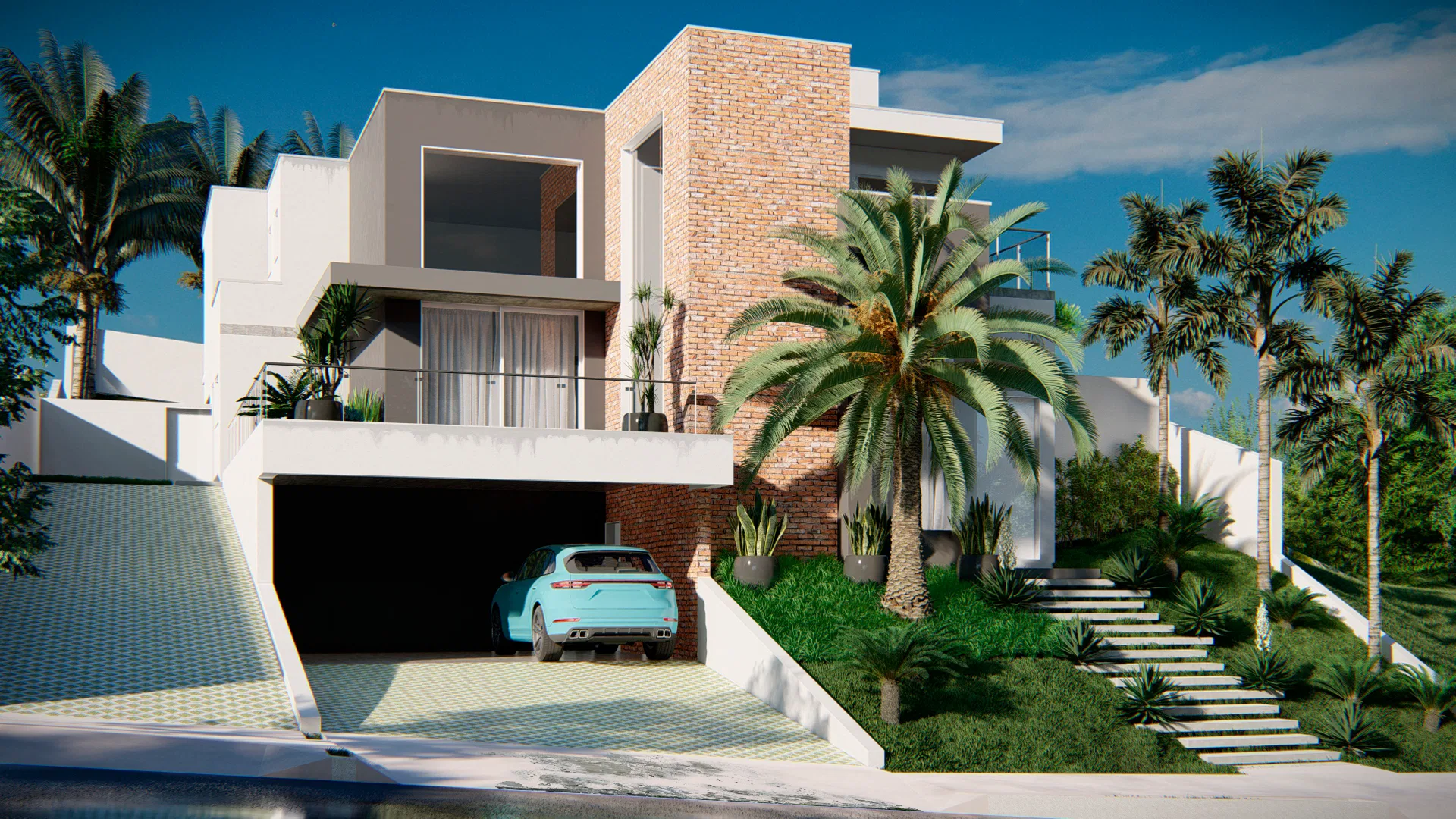 Architectural visualization of Stone-Clad Residence with Sloped Stairway, Agapanthus and Spherical Planters — GRON 3D