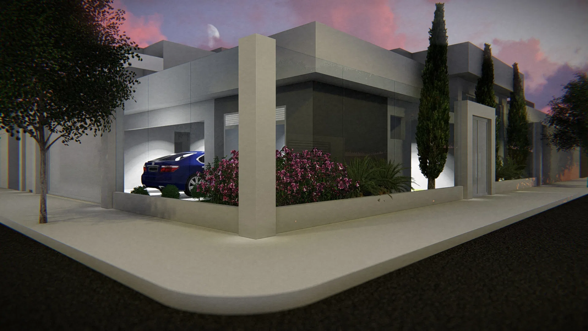 Night facade in neutral tones with a pedestrian gate, cypress trees and a flowering bed along the wall